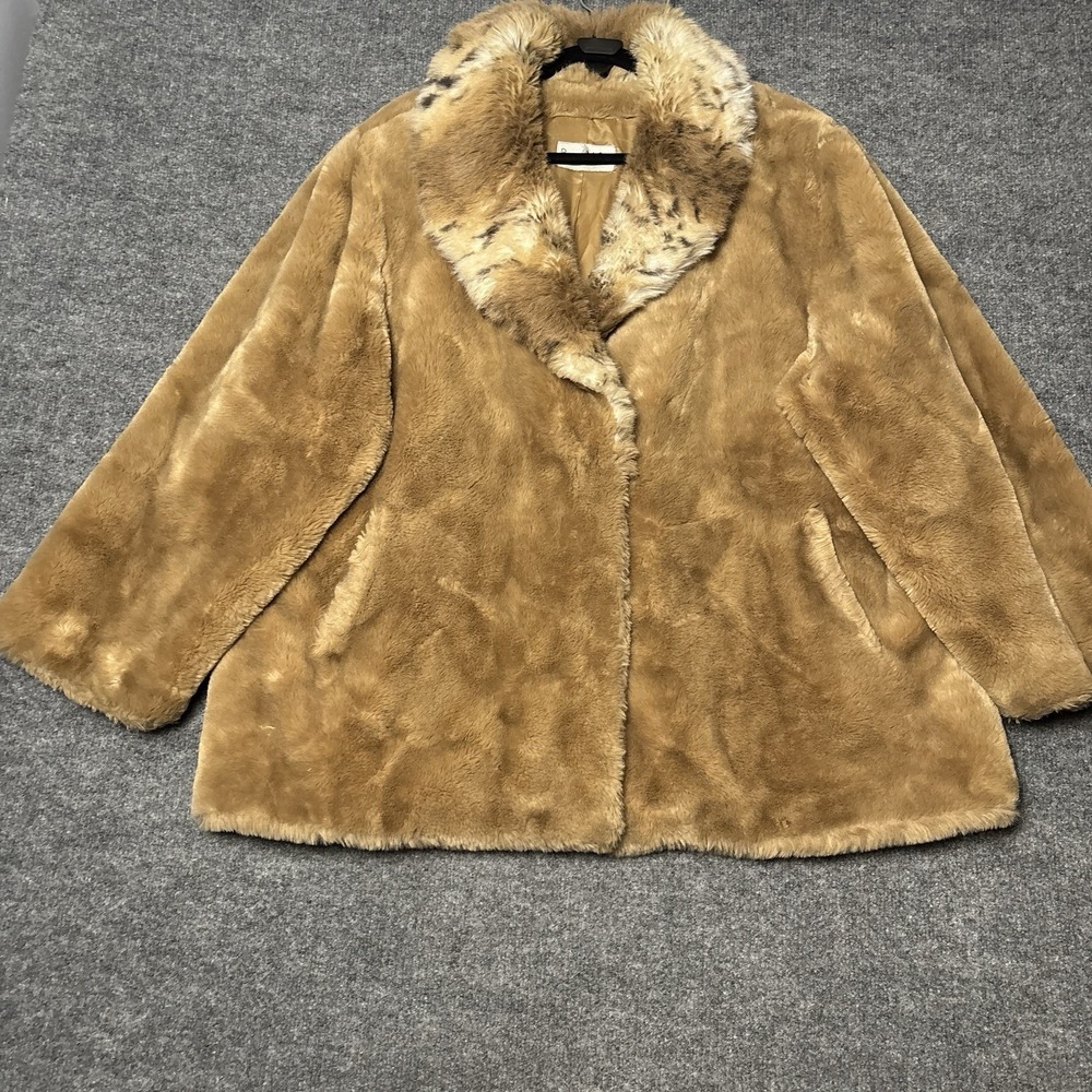 Pamela McCoy Coat Womens 2X Brown Faux Fur Leopard Trim Collar Mid Length USA